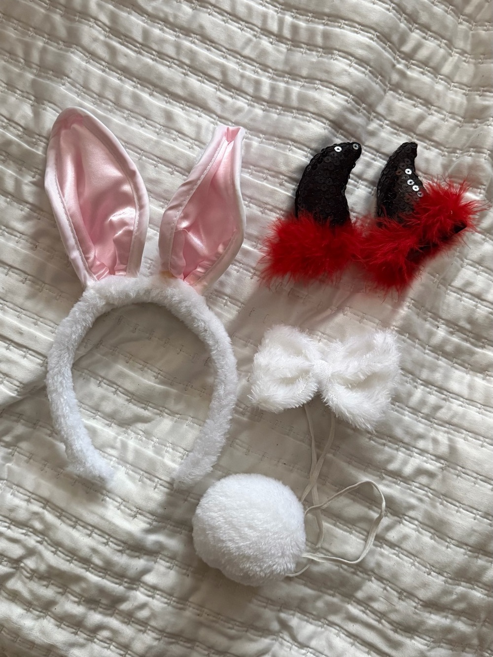 Fluffy White Bunny Ear Headband Set with Pink Lined Ears and Red Feather Accents